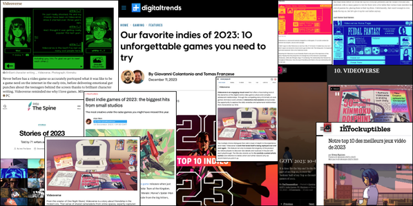 Collage of websites where VIDEOVERSE appeared in Game of the Year 2023 lists.